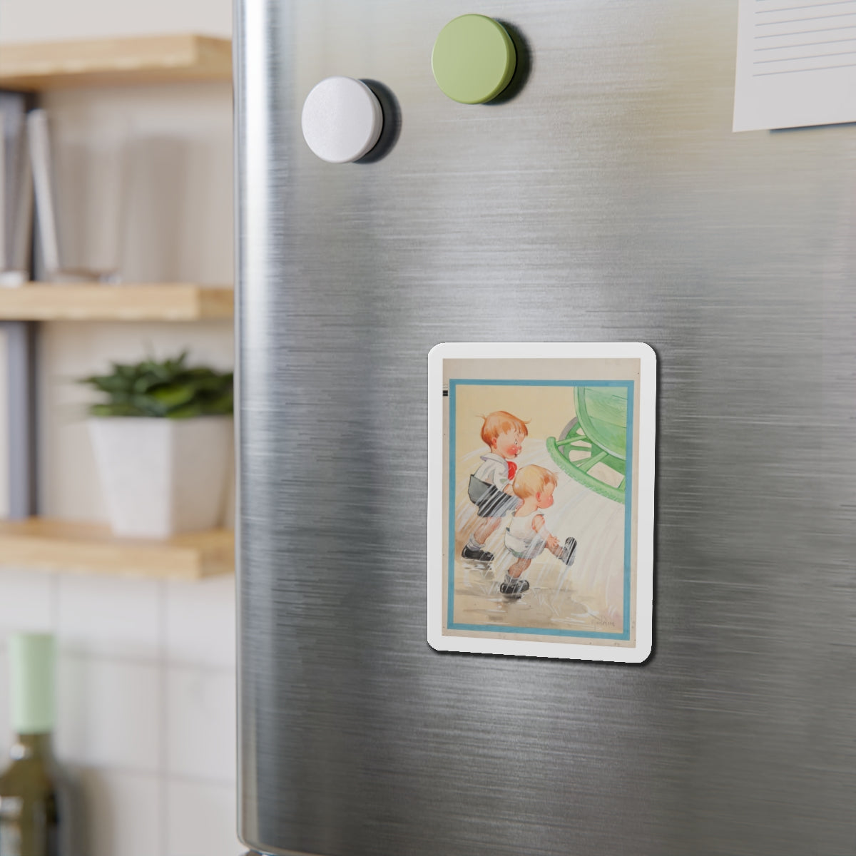 Children at Sprinkler Illustration (Magazine Illustration) Refrigerator Magnet-The Sticker Space