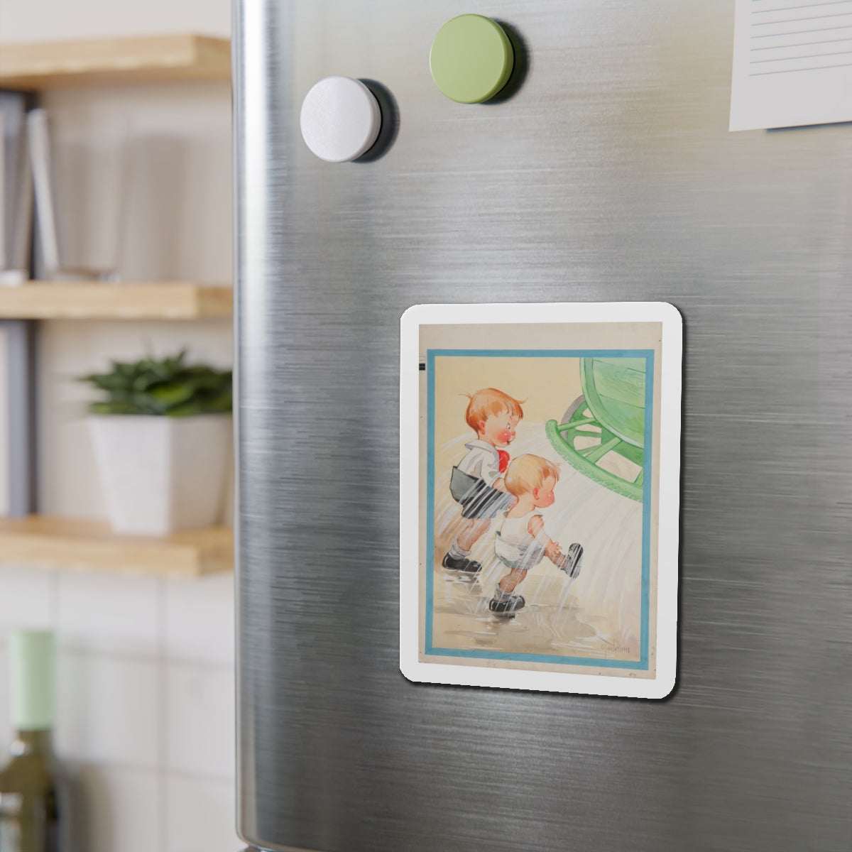 Children at Sprinkler Illustration (Magazine Illustration) Refrigerator Magnet-The Sticker Space