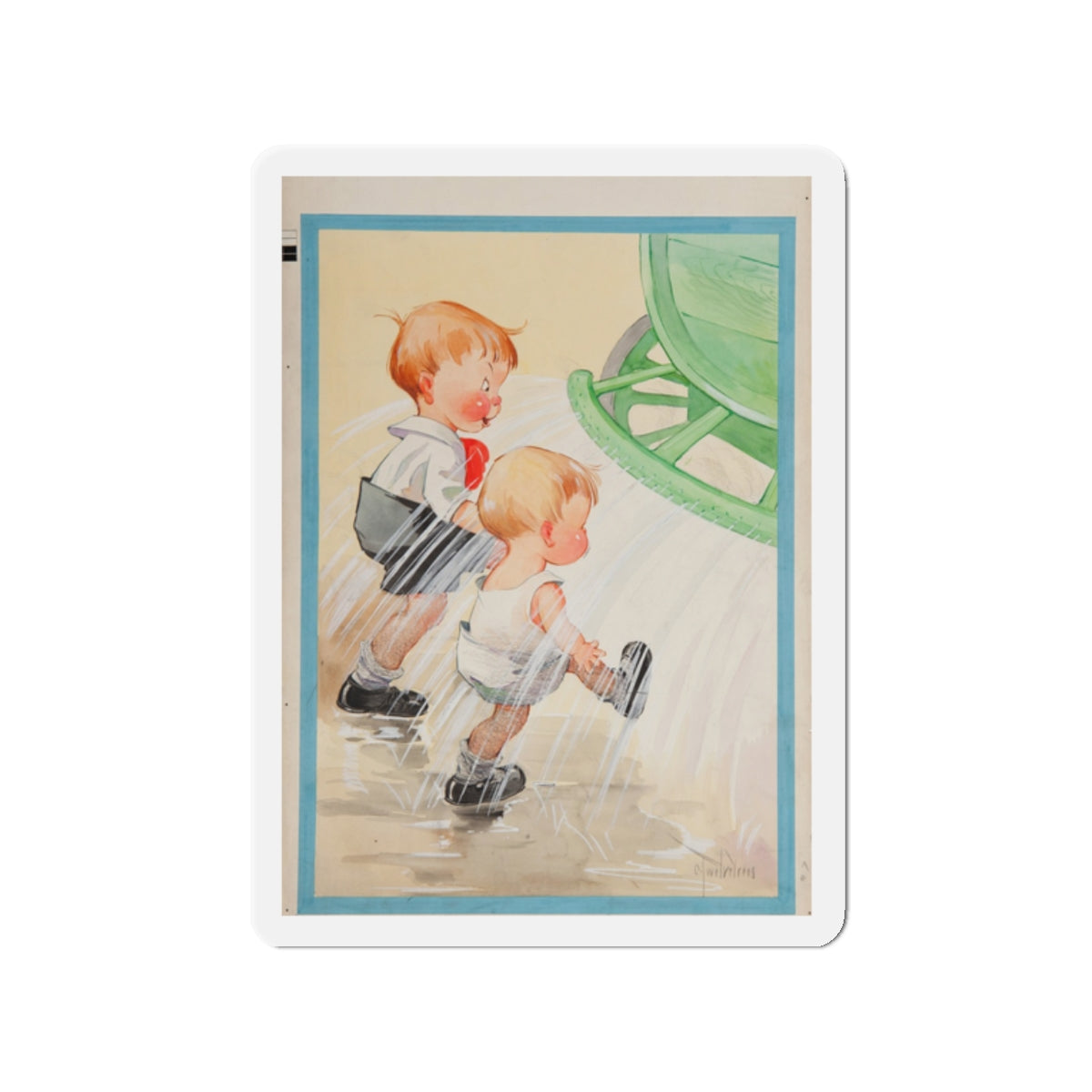 Children at Sprinkler Illustration (Magazine Illustration) Refrigerator Magnet-2" x 2"-The Sticker Space