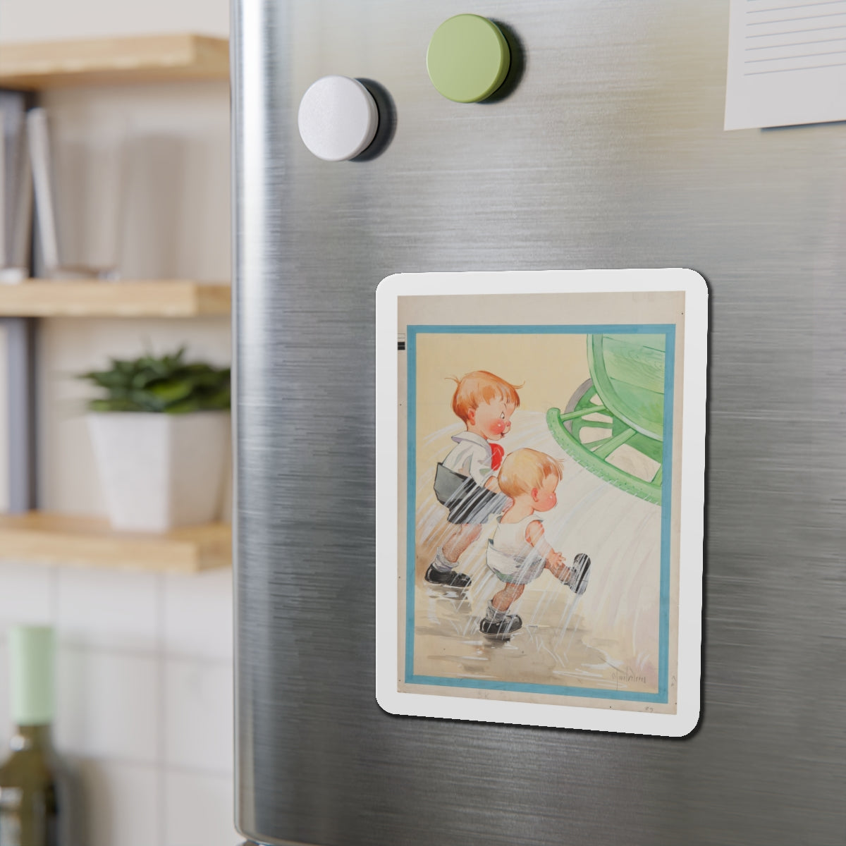 Children at Sprinkler Illustration (Magazine Illustration) Refrigerator Magnet-The Sticker Space