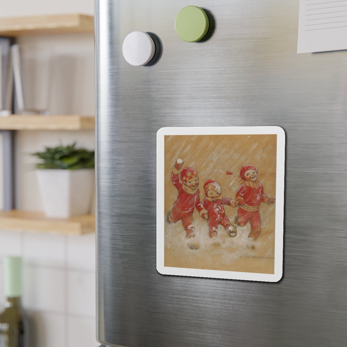 Children Playing in the Snow (Magazine Illustration) Refrigerator Magnet-The Sticker Space