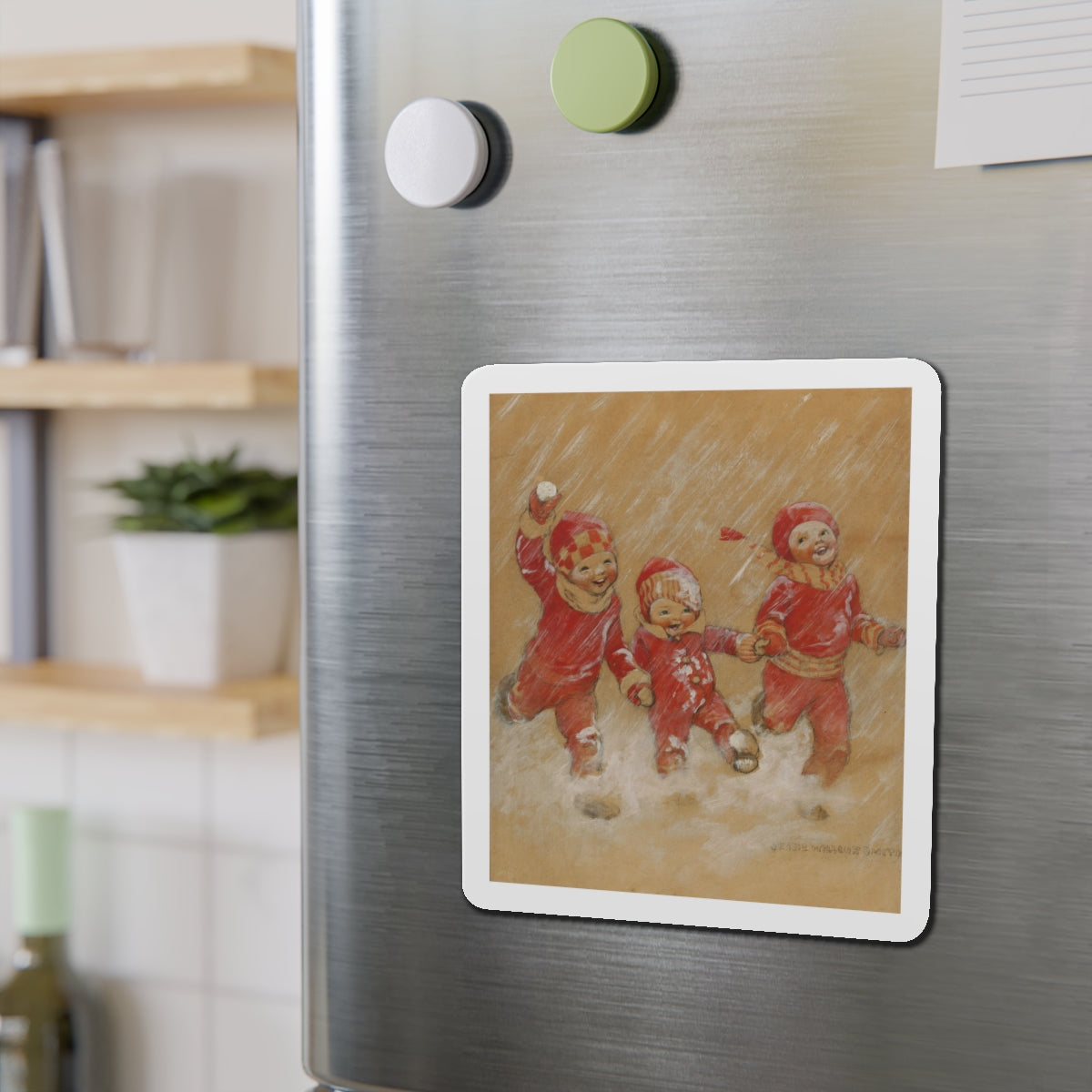 Children Playing in the Snow (Magazine Illustration) Refrigerator Magnet-The Sticker Space