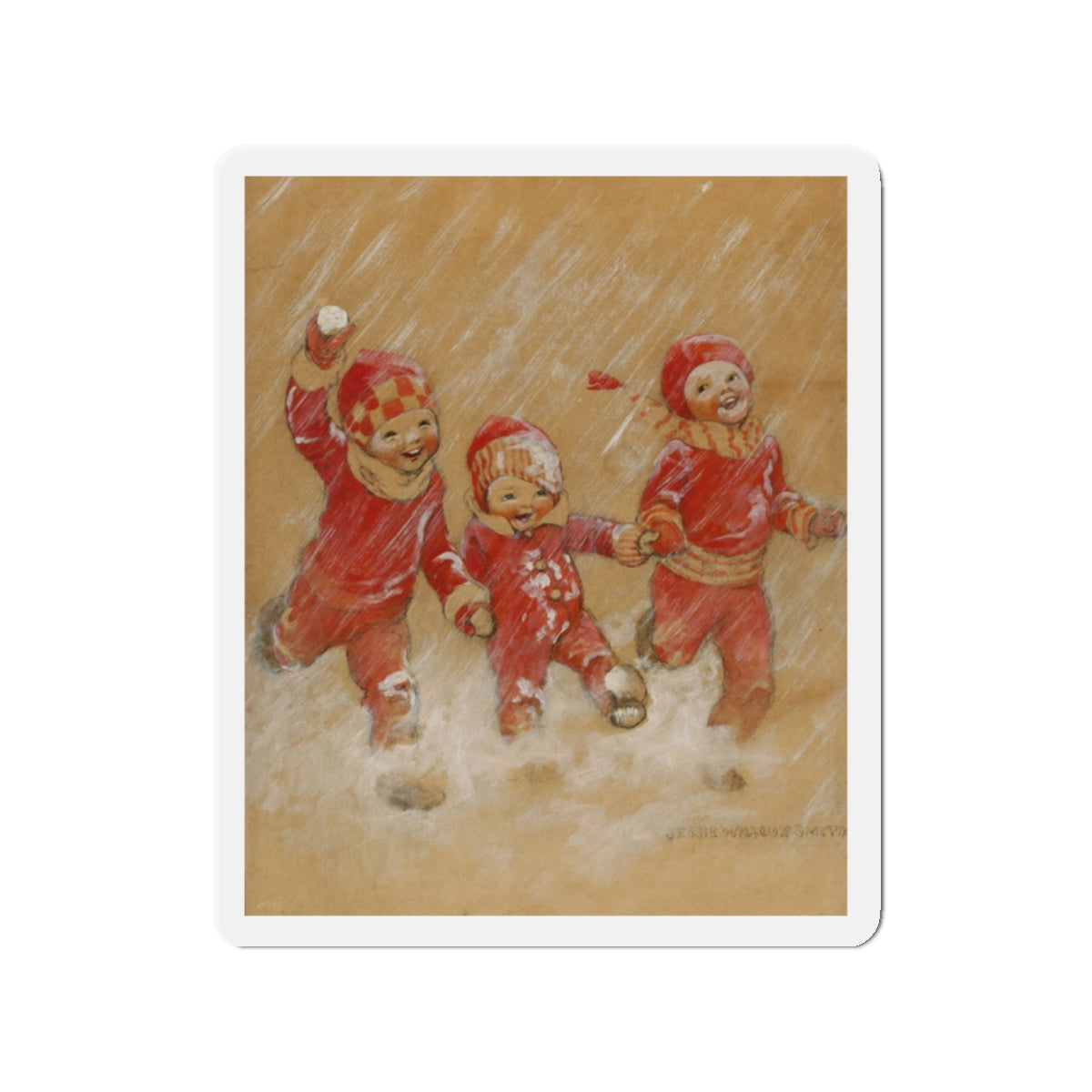 Children Playing in the Snow (Magazine Illustration) Refrigerator Magnet-2" x 2"-The Sticker Space