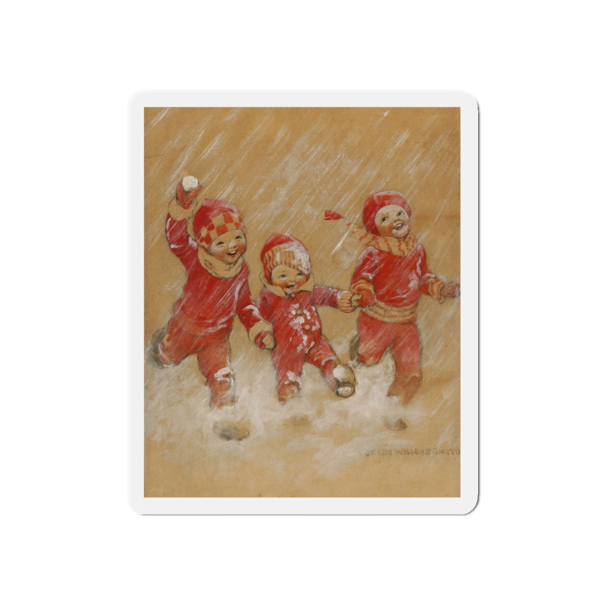 Children Playing in the Snow (Magazine Illustration) Refrigerator Magnet-3" x 3"-The Sticker Space