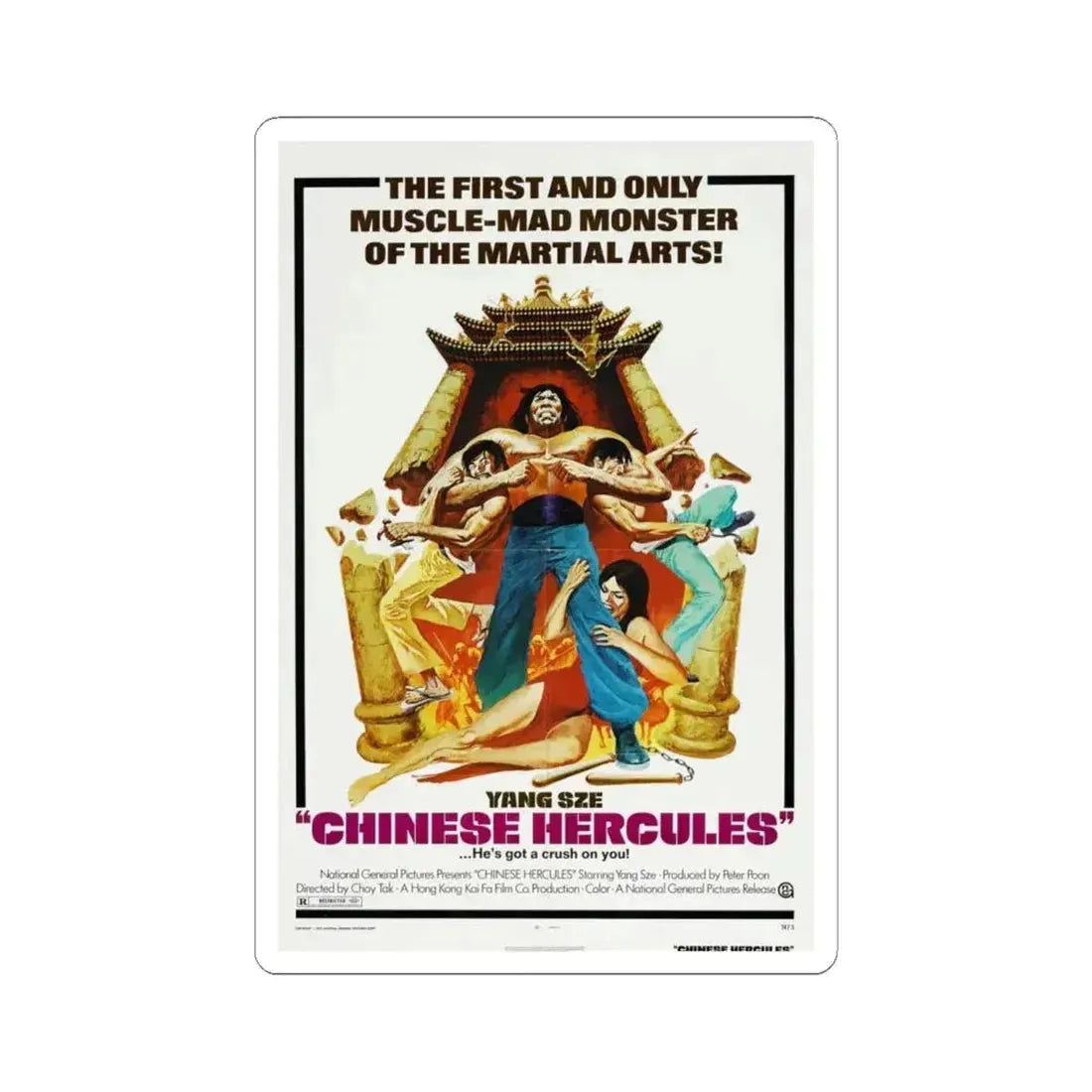 CHINESE HERCULES 1973 Movie Poster - STICKER Vinyl Kiss-Cut Decal 6 Inch White - The Sticker Space