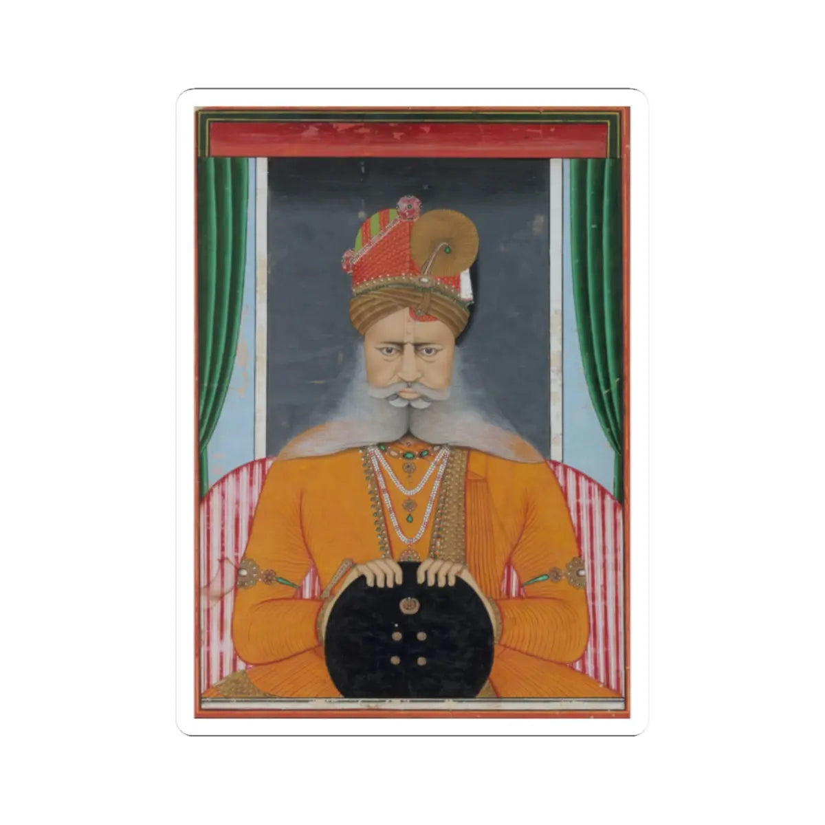 Gouache miniature of a seated Indian ruler in an orange robe and jewelled turban holding a black sphere.
