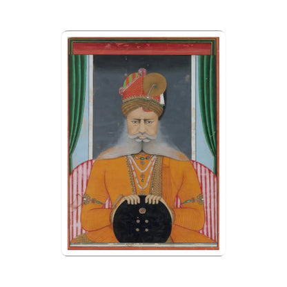 Gouache miniature of a seated Indian ruler in an orange robe and jewelled turban holding a black sphere.