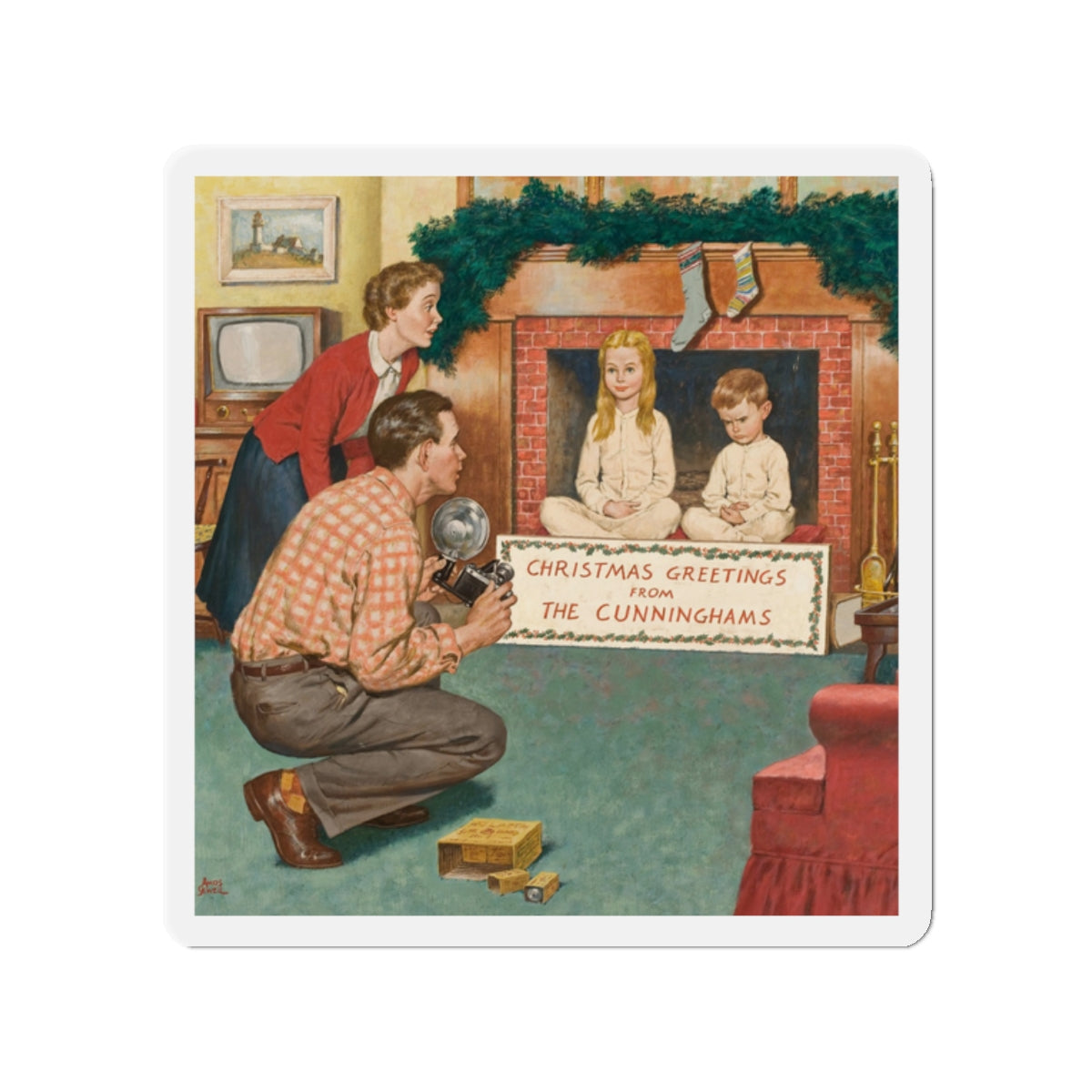 Christmas Greetings, Saturday Evening Post cover, December 11, 1954 (Magazine Illustration) Refrigerator Magnet-2" x 2"-Die-Cut-1 pc-The Sticker Space