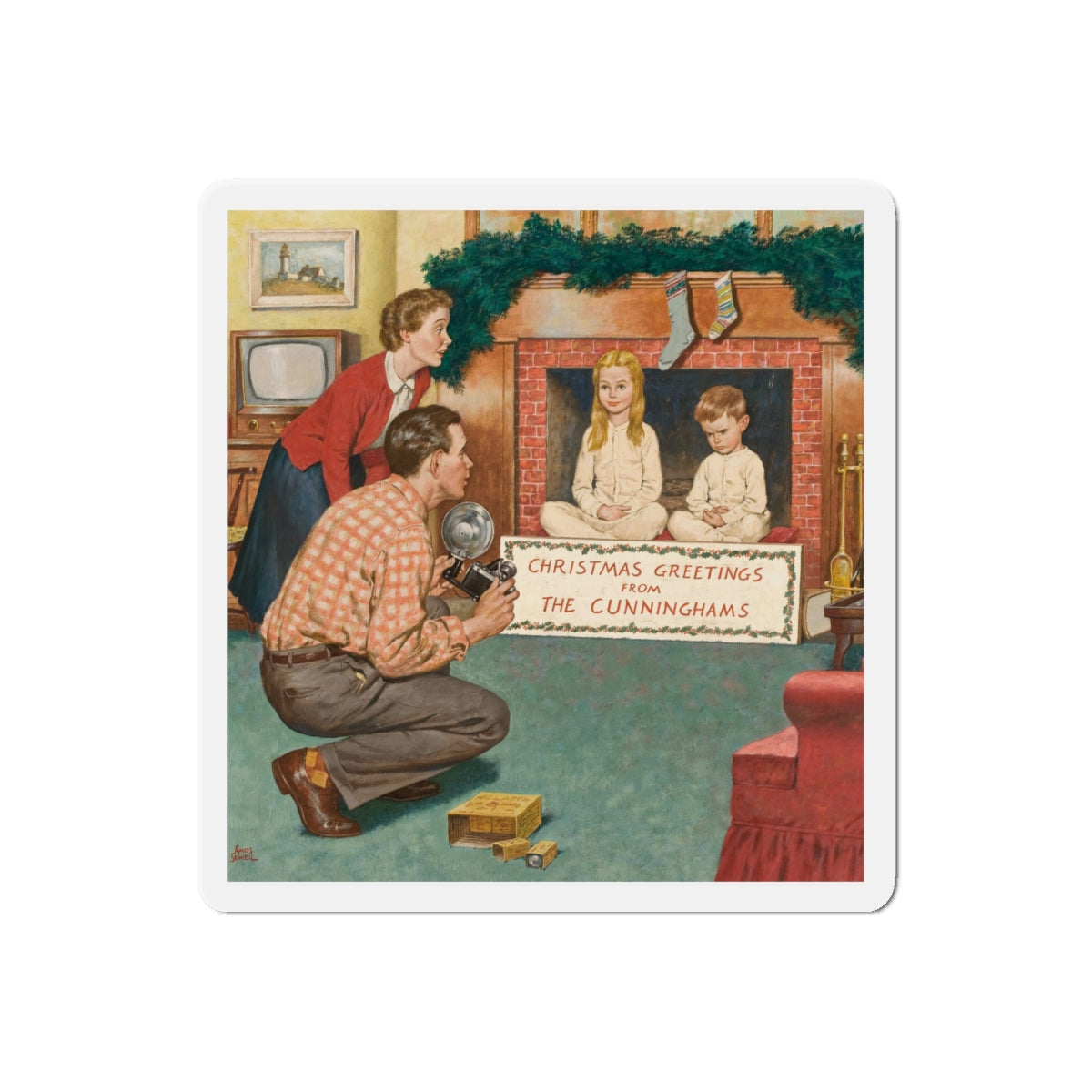 Christmas Greetings, Saturday Evening Post cover, December 11, 1954 (Magazine Illustration) Refrigerator Magnet-6 Inch-Die-Cut-1 pc-The Sticker Space