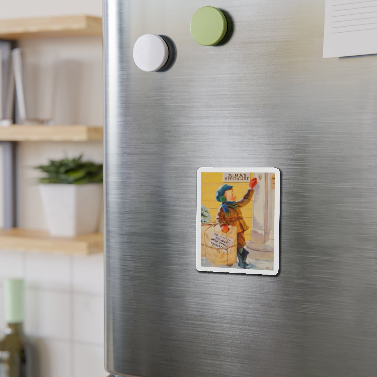 Christmas Peeking (Magazine Illustration) Refrigerator Magnet-The Sticker Space