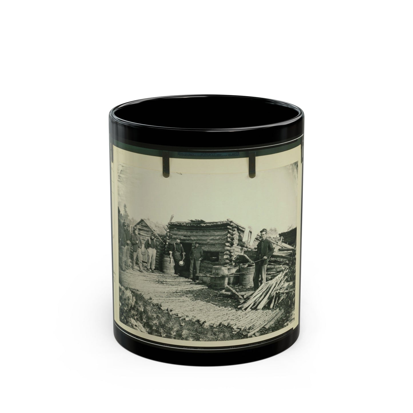 Civil War Camp Of The 6th N.Y. Artillery At Brandy Station, Virginia, Showing Union Soldiers In Front Of Log Company Kitchen (U.S. Civil War) Black Coffee Mug-11oz-The Sticker Space