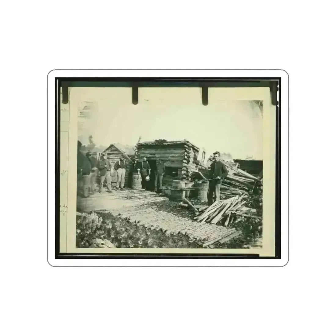 Civil War Camp Of The 6th N.Y. Artillery At Brandy Station, Virginia, Showing Union Soldiers In Front Of Log Company Kitchen (U.S. Civil War) STICKER Vinyl Die-Cut Decal White Die-Cut 4 Inch - The Sticker Space