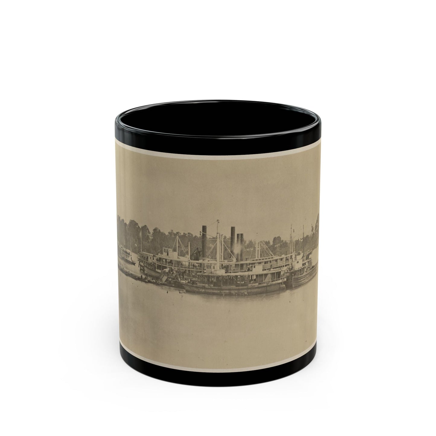 Cluster Of Supply Boats At A Pontoon Bridge (U.S. Civil War) Black Coffee Mug