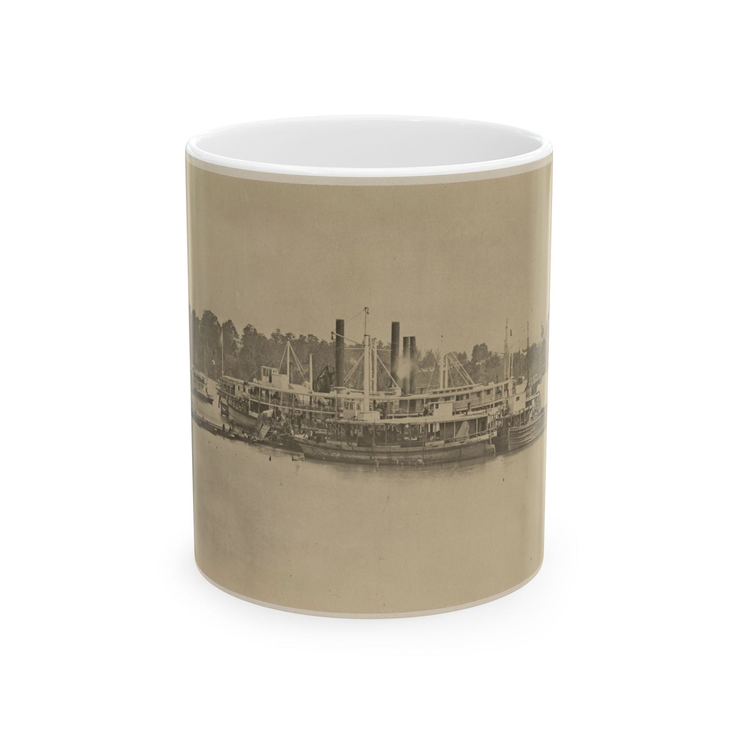 Cluster Of Supply Boats At A Pontoon Bridge (U.S. Civil War) White Coffee Mug