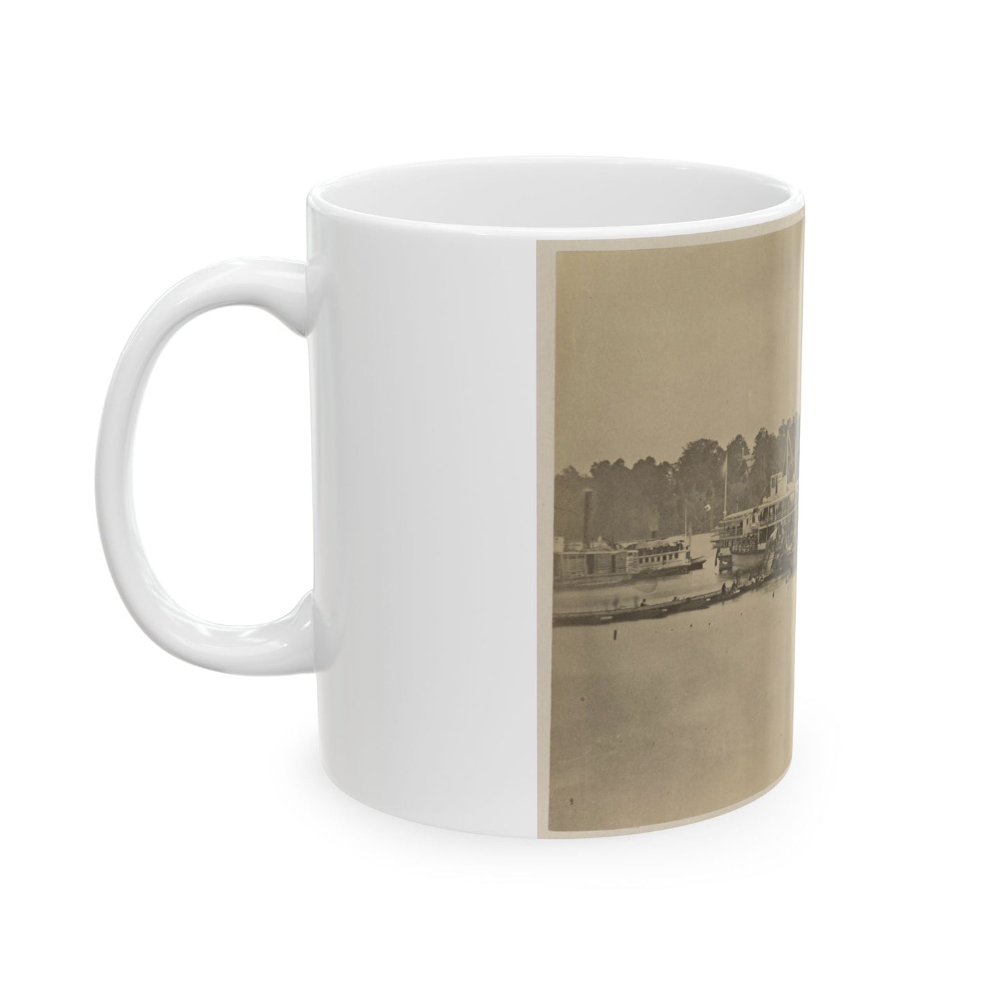 Cluster Of Supply Boats At A Pontoon Bridge (U.S. Civil War) White Coffee Mug