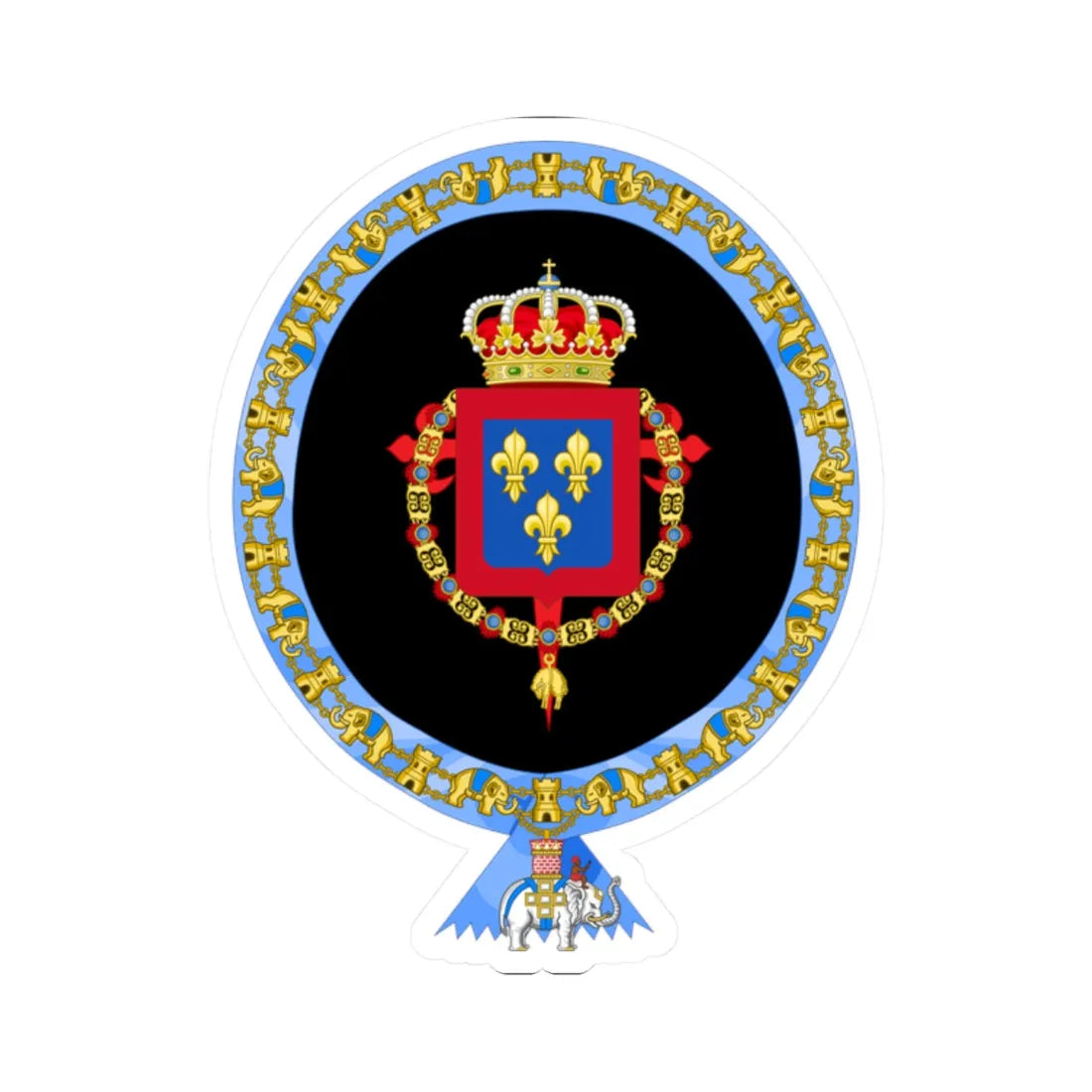 Coat of Arms of Alfonso Prince of Asturias 1907-1938 Order of the Elephant Variant (Denmark) (Coat of Arms) STICKER Vinyl Kiss-Cut Decal 2 Inch White - The Sticker Space