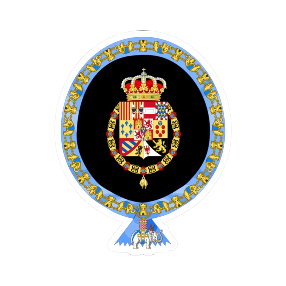 Coat of Arms of Alfonso XIII of Spain Order of the Elephant Variant (Denmark) (Coat of Arms) STICKER Vinyl Kiss-Cut Decal 2 Inch White - The Sticker Space