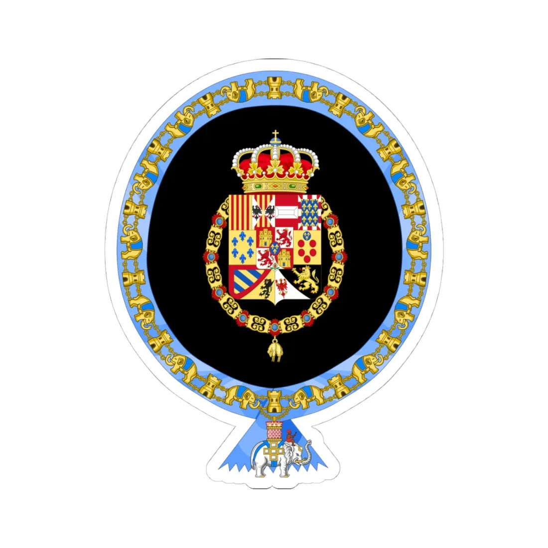 Coat of Arms of Alfonso XIII of Spain Order of the Elephant Variant (Denmark) (Coat of Arms) STICKER Vinyl Kiss-Cut Decal 4 Inch White - The Sticker Space