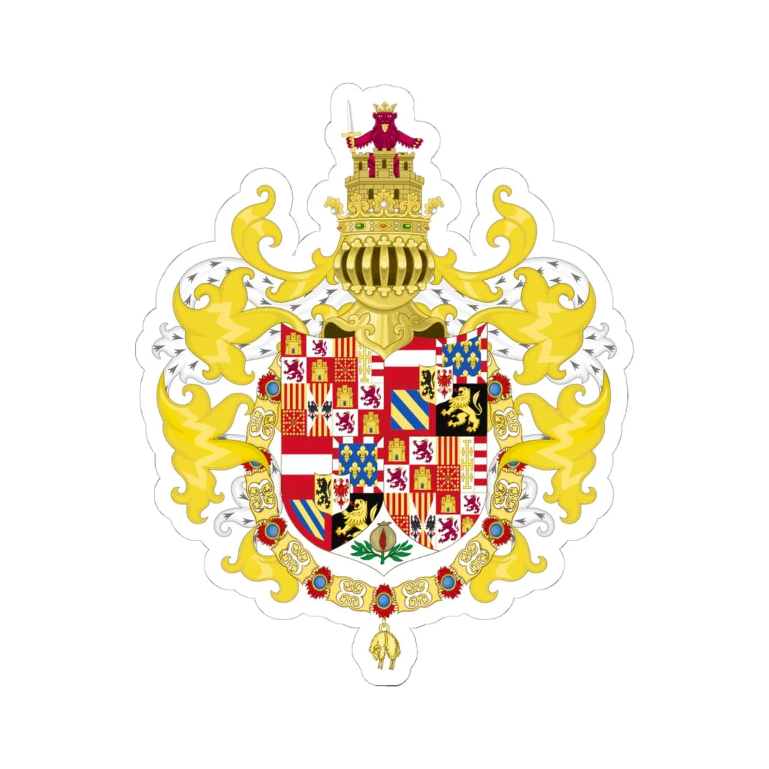 Coat of Arms of Charles I of Spain with Germanic Ornaments 1520-1530 (Spain) (Coat of Arms) STICKER Vinyl Kiss-Cut Decal 4 Inch White - The Sticker Space