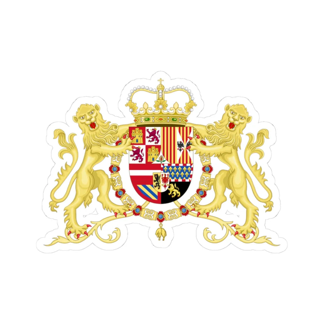 Coat of Arms of Charles II of Spain with Supporters 1668-1700 (Spain) (Coat of Arms) STICKER Vinyl Kiss-Cut Decal 3 Inch White - The Sticker Space