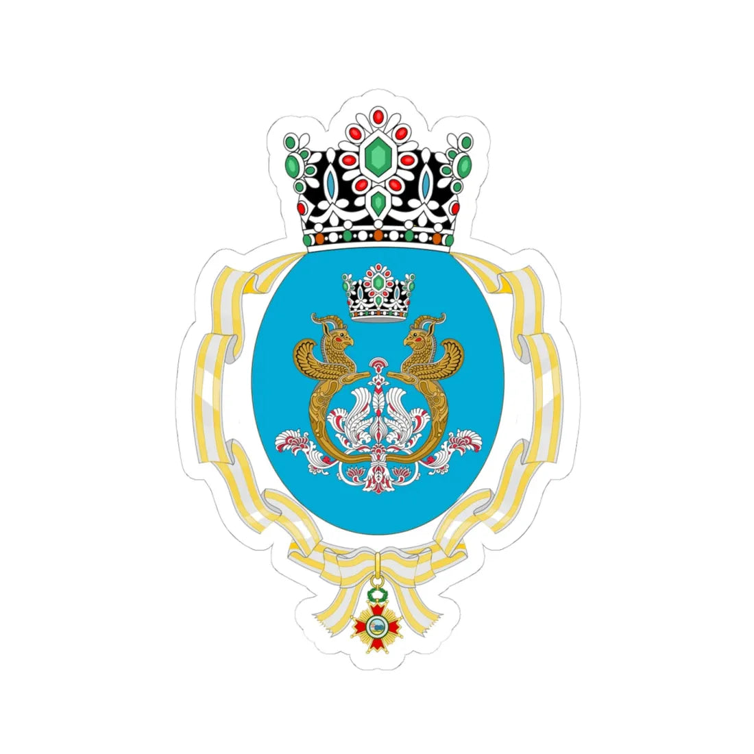 Coat of Arms of Farah Pahlavi Order of Isabella the Catholic (Iran) (Coat of Arms) STICKER Vinyl Kiss-Cut Decal 4 Inch White - The Sticker Space