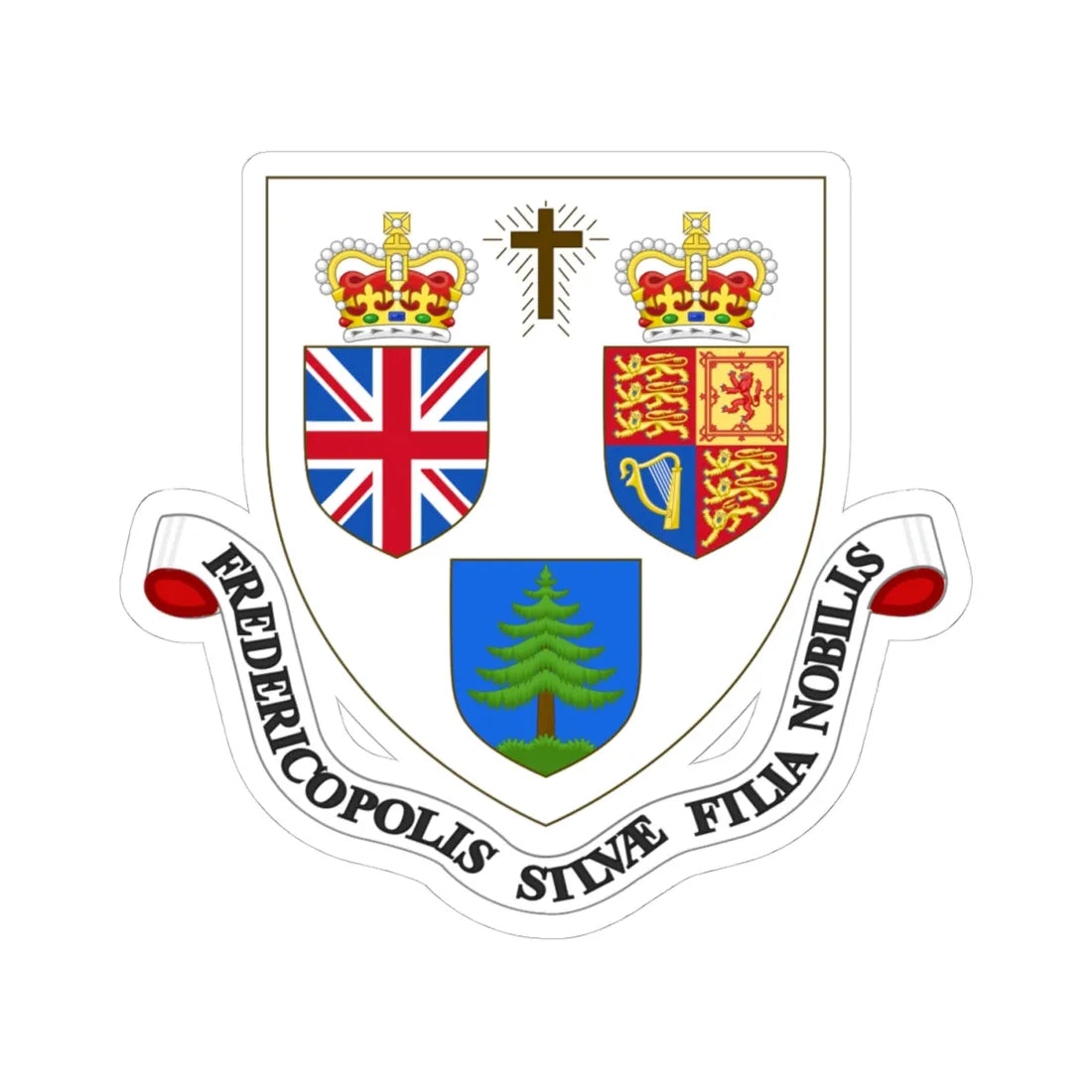 Coat of arms of Fredericton New Brunswick (Canada) (Coat of Arms) STICKER Vinyl Kiss-Cut Decal 4 Inch White - The Sticker Space