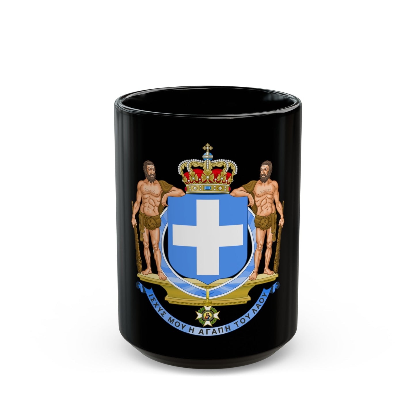 Coat of Arms of Greece (blue cross) - Black Coffee Mug-15oz-The Sticker Space