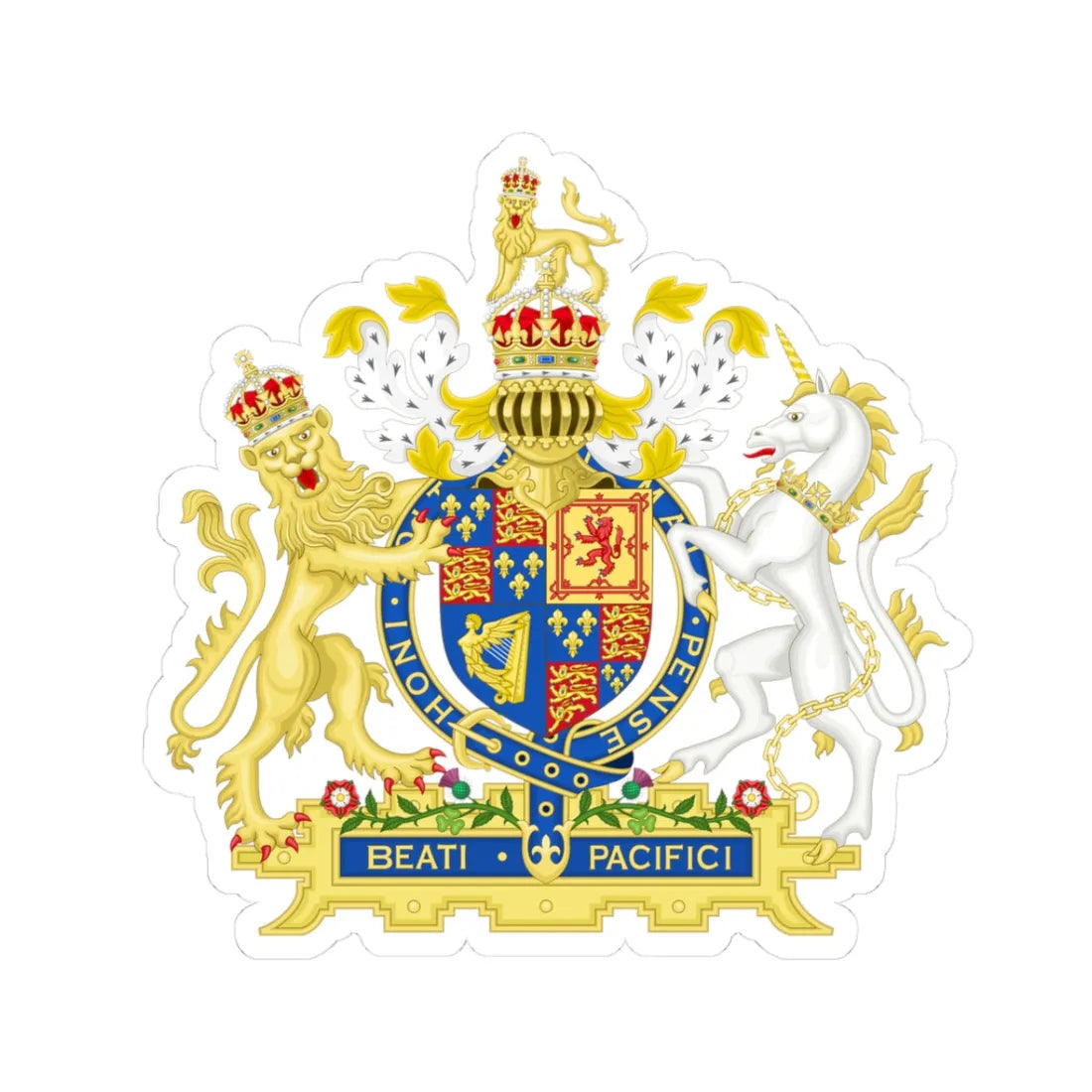 Coat of arms of James I of England 1603-1625 variant motto 1 (England) (Coat of Arms) STICKER Vinyl Kiss-Cut Decal 3 Inch White - The Sticker Space