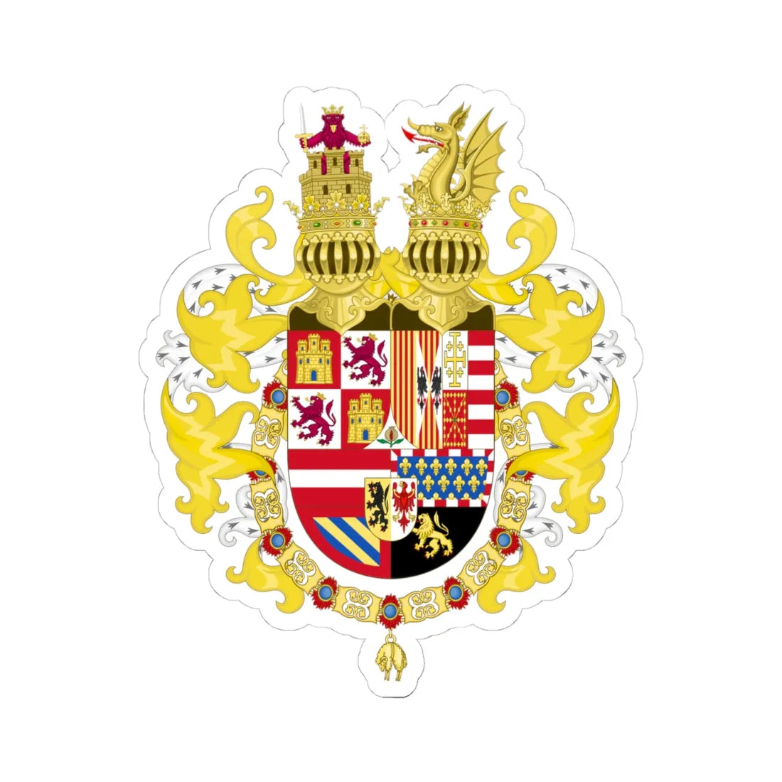 Coat of Arms of Philip II of Spain with Germanic Ornaments 1558-1580 (Spain) (Coat of Arms) STICKER Vinyl Kiss-Cut Decal 4 Inch White - The Sticker Space