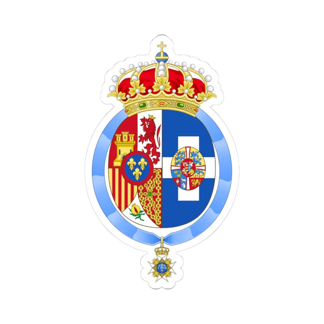 Coat of arms of Queen Sofia of Spain Order of Seraphim (Sweden) (Coat of Arms) STICKER Vinyl Kiss-Cut Decal 3 Inch White - The Sticker Space