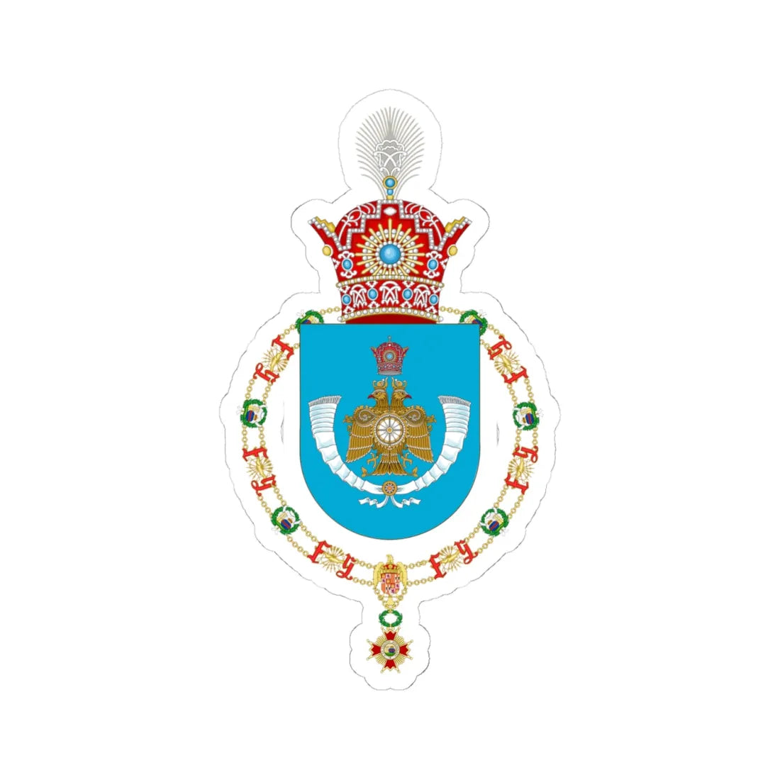 Coat of Arms of Reza Pahlavi Crown Prince of Iran Order of Isabella the Catholic (Iran) (Coat of Arms) STICKER Vinyl Kiss-Cut Decal 4 Inch White - The Sticker Space