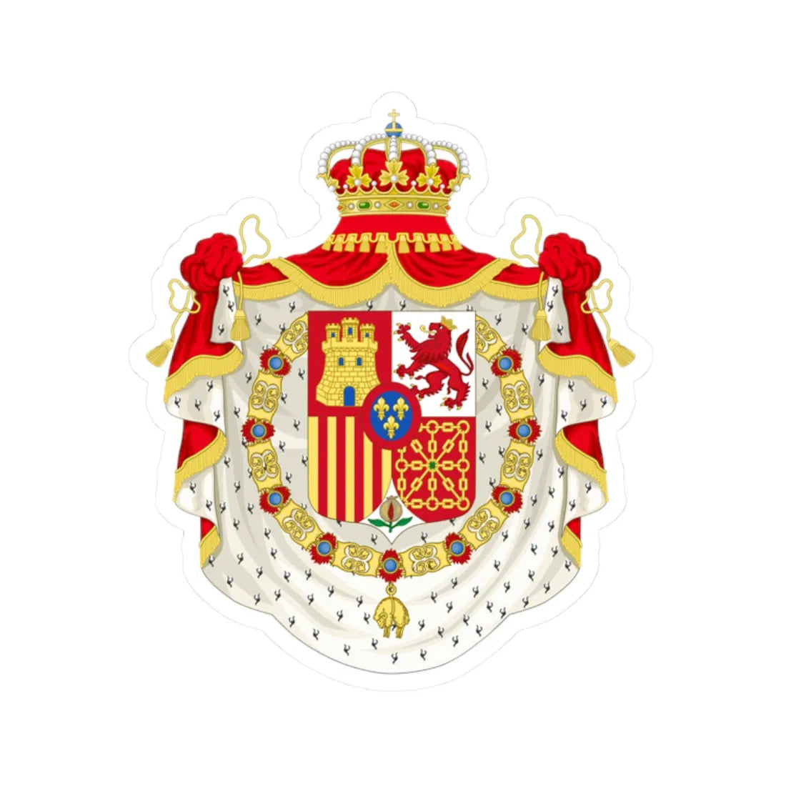 Coat of Arms of Spain 1874-1931 Golden Fleece and Mantle Variant (Spain) (Coat of Arms) STICKER Vinyl Kiss-Cut Decal 2 Inch White - The Sticker Space