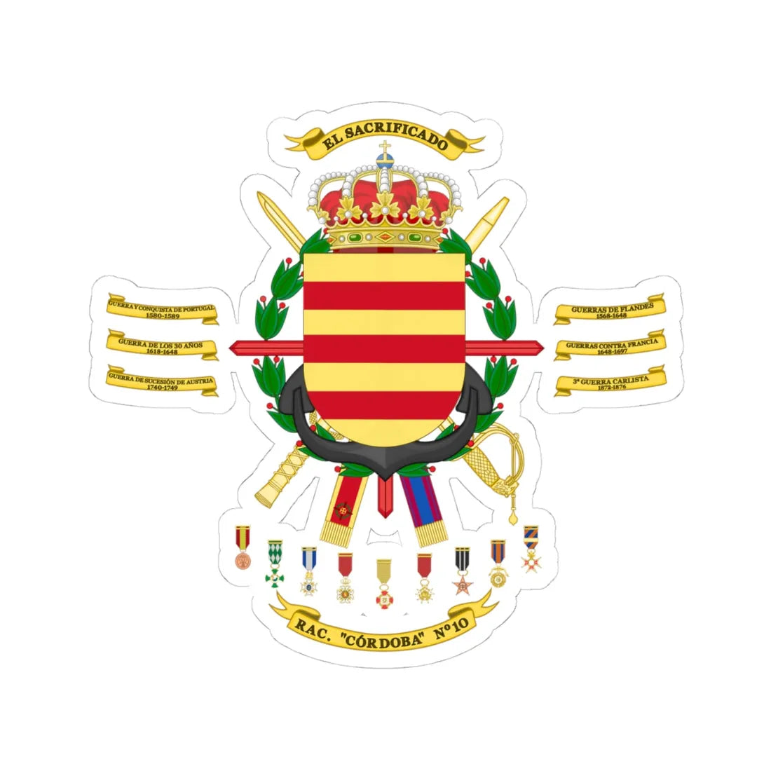 Coat of Arms of the 10th Armored Regiment Córdoba 2015 (Spain) (Coat of Arms) STICKER Vinyl Kiss-Cut Decal 4 Inch White - The Sticker Space