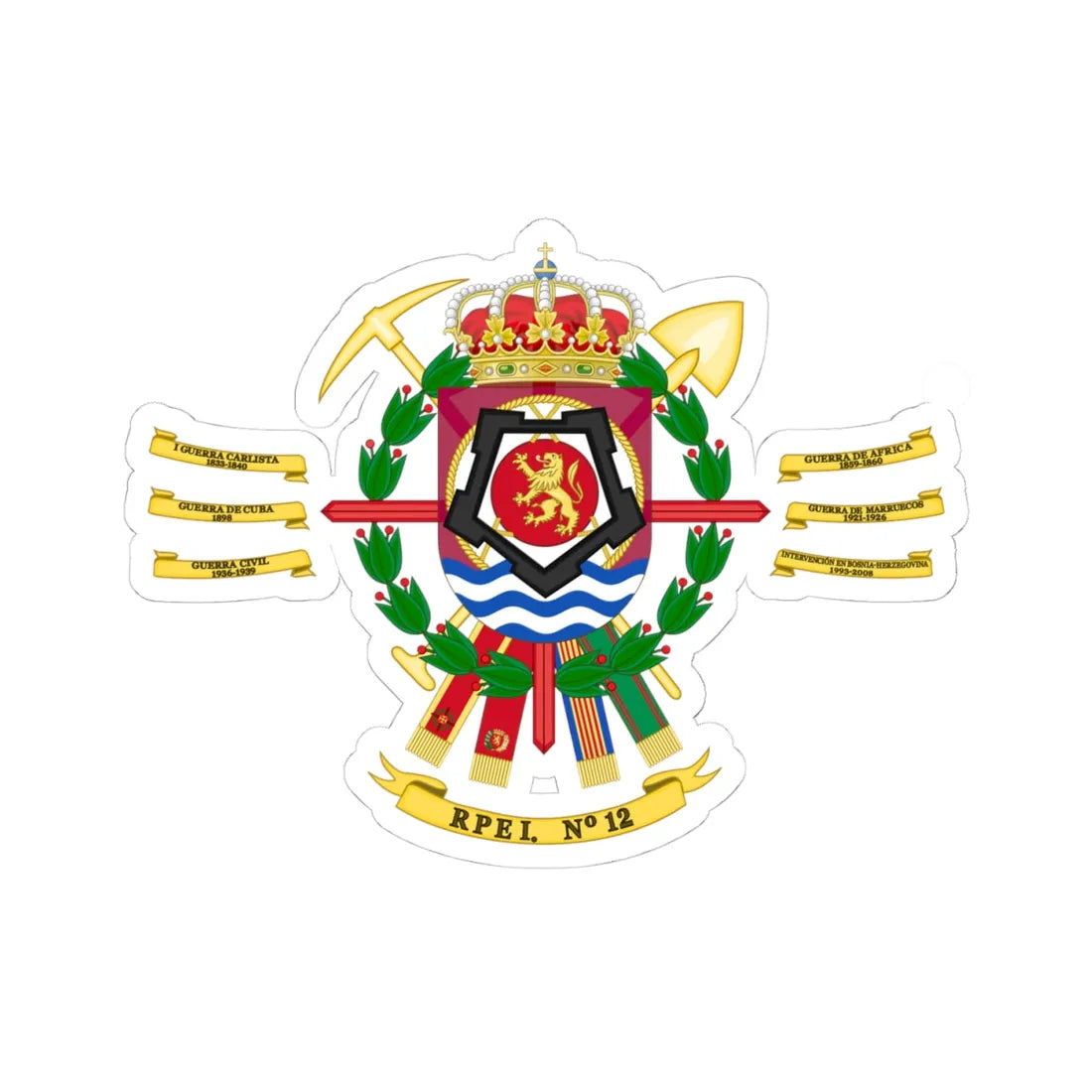 Coat of Arms of the 12th Bridge Engineer Regiment (Spain) (Coat of Arms) STICKER Vinyl Kiss-Cut Decal 4 Inch White - The Sticker Space