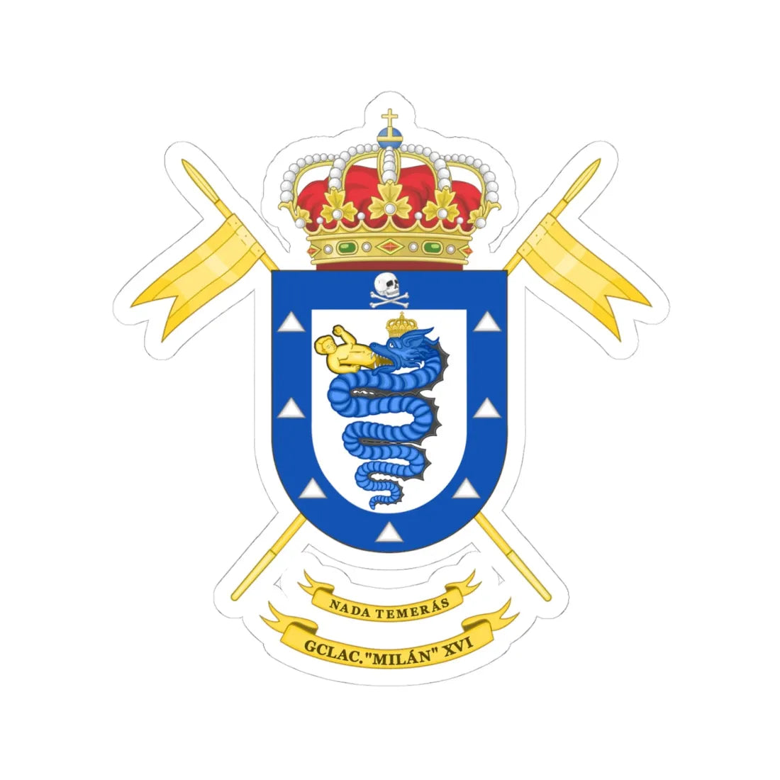 Coat of Arms of the 16th Light Armored Cavalry Group Milán (Spain) (Coat of Arms) STICKER Vinyl Kiss-Cut Decal 4 Inch White - The Sticker Space