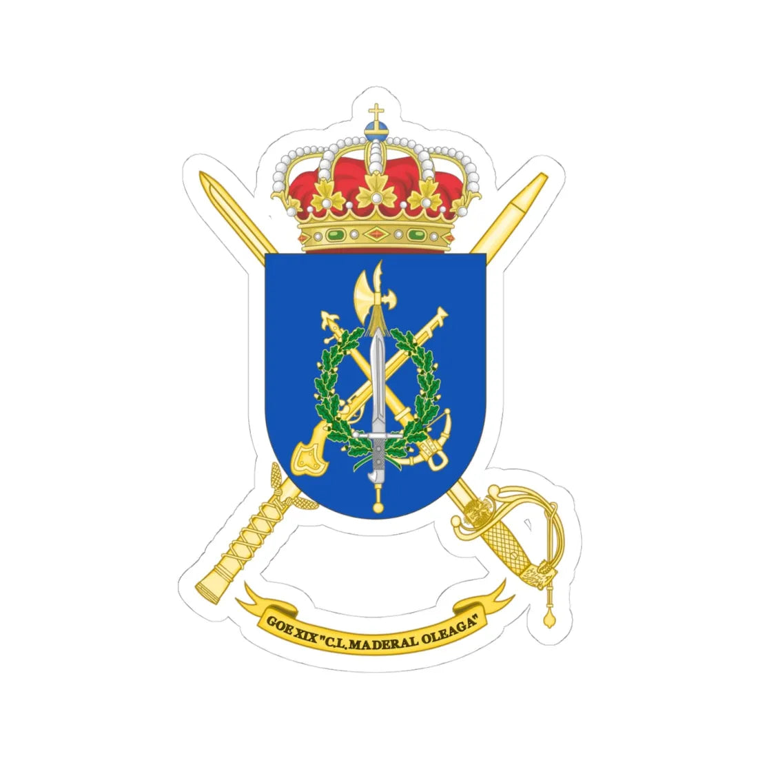 Coat of Arms of the 19th Special Operations Group Maderal Oleaga (Spain) (Coat of Arms) STICKER Vinyl Kiss-Cut Decal 4 Inch White - The Sticker Space