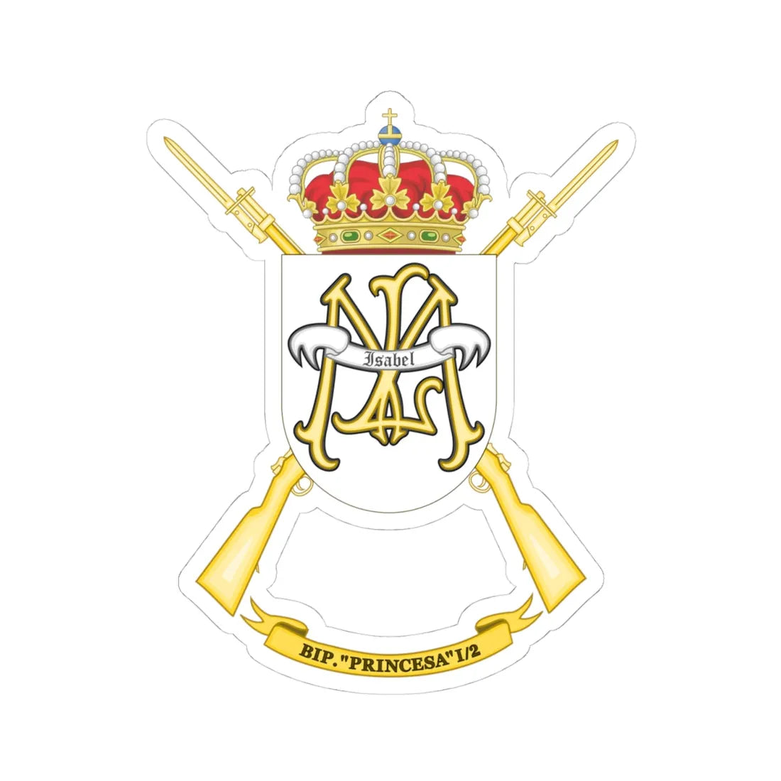 Coat of Arms of the 1st-2 Protected Infantry Battalion Princesa (Spain) (Coat of Arms) STICKER Vinyl Kiss-Cut Decal 4 Inch White - The Sticker Space