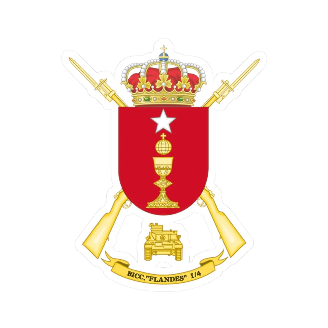 Coat of Arms of the 1st-4 Tank Infantry Battalion Flandes (Spain) (Coat of Arms) STICKER Vinyl Kiss-Cut Decal 2 Inch White - The Sticker Space