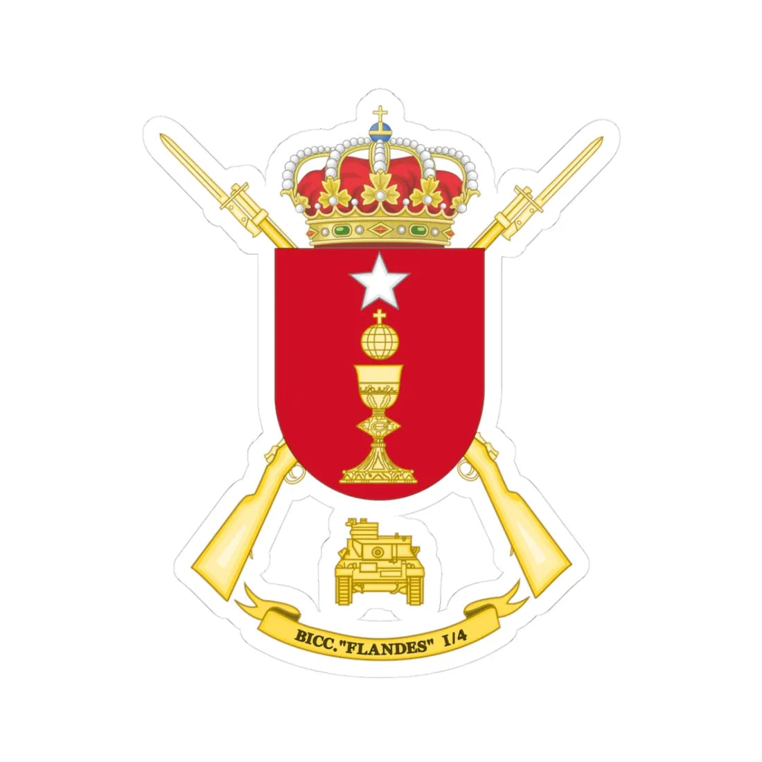 Coat of Arms of the 1st-4 Tank Infantry Battalion Flandes (Spain) (Coat of Arms) STICKER Vinyl Kiss-Cut Decal 3 Inch White - The Sticker Space