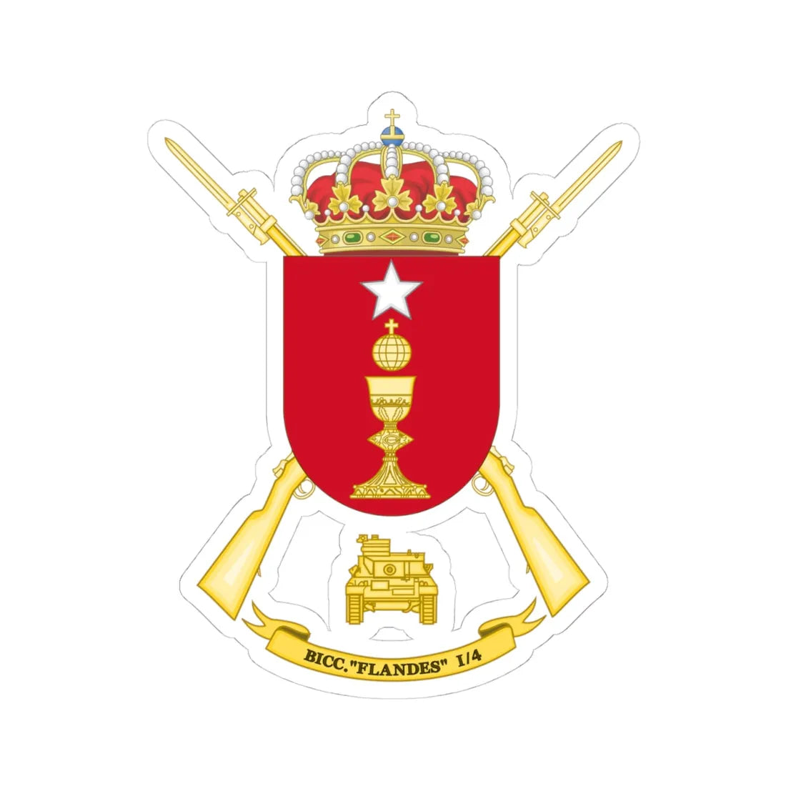 Coat of Arms of the 1st-4 Tank Infantry Battalion Flandes (Spain) (Coat of Arms) STICKER Vinyl Kiss-Cut Decal 4 Inch White - The Sticker Space