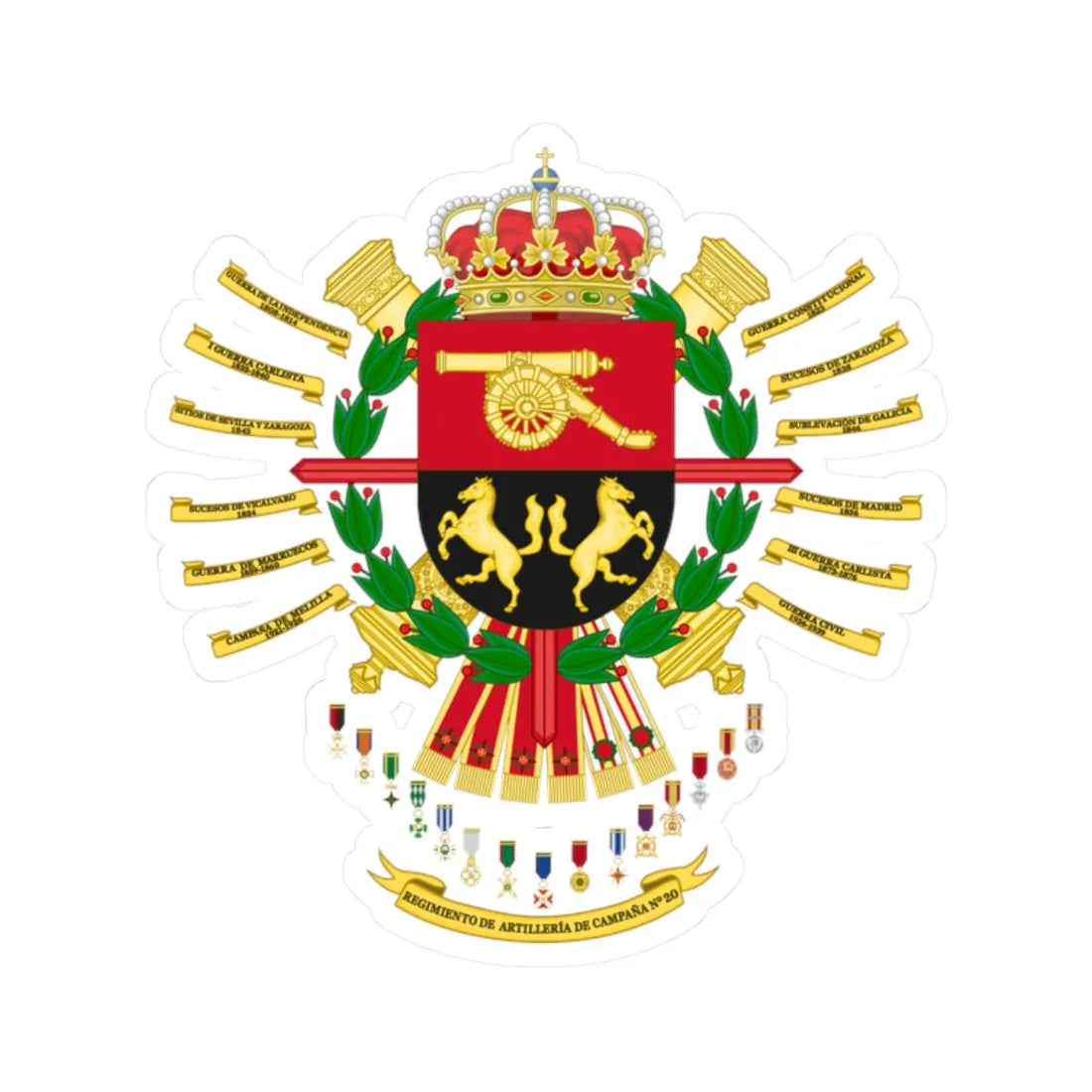 Coat of Arms of the 20th Field Artillery Regiment (Spain) (Coat of Arms) STICKER Vinyl Kiss-Cut Decal 2 Inch White - The Sticker Space