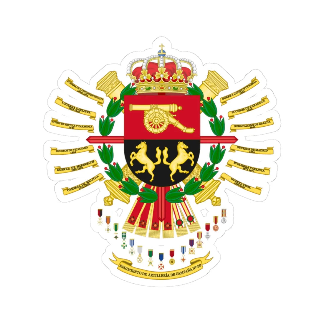 Coat of Arms of the 20th Field Artillery Regiment (Spain) (Coat of Arms) STICKER Vinyl Kiss-Cut Decal 3 Inch White - The Sticker Space