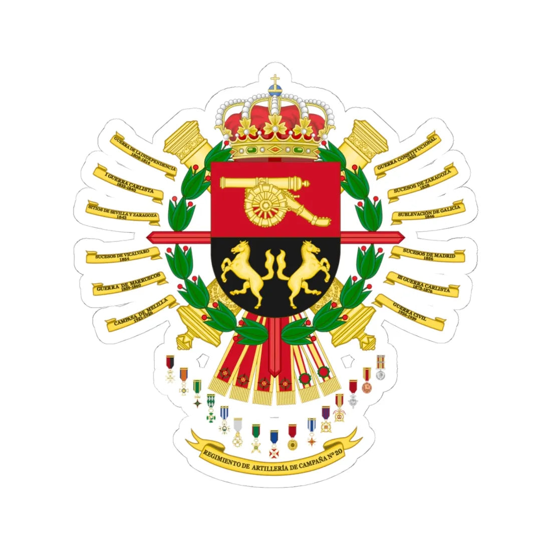 Coat of Arms of the 20th Field Artillery Regiment (Spain) (Coat of Arms) STICKER Vinyl Kiss-Cut Decal 4 Inch White - The Sticker Space