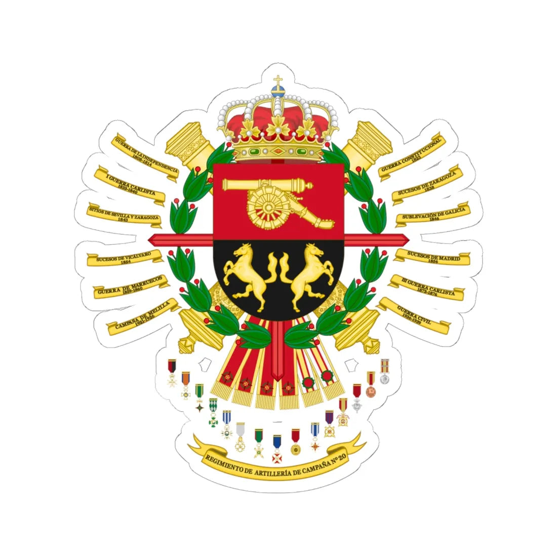 Coat of Arms of the 20th Field Artillery Regiment (Spain) (Coat of Arms) STICKER Vinyl Kiss-Cut Decal 6 Inch White - The Sticker Space