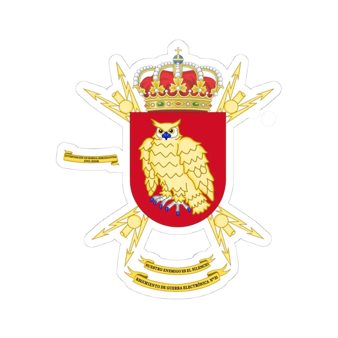Coat of Arms of the 31st Electronic Warfare Regiment (Spain) (Coat of Arms) STICKER Vinyl Kiss-Cut Decal 4 Inch White - The Sticker Space