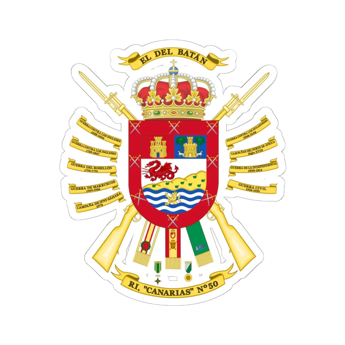 Coat of Arms of the 50th Infantry Regiment Canarias (Spain) (Coat of Arms) STICKER Vinyl Kiss-Cut Decal 6 Inch White - The Sticker Space