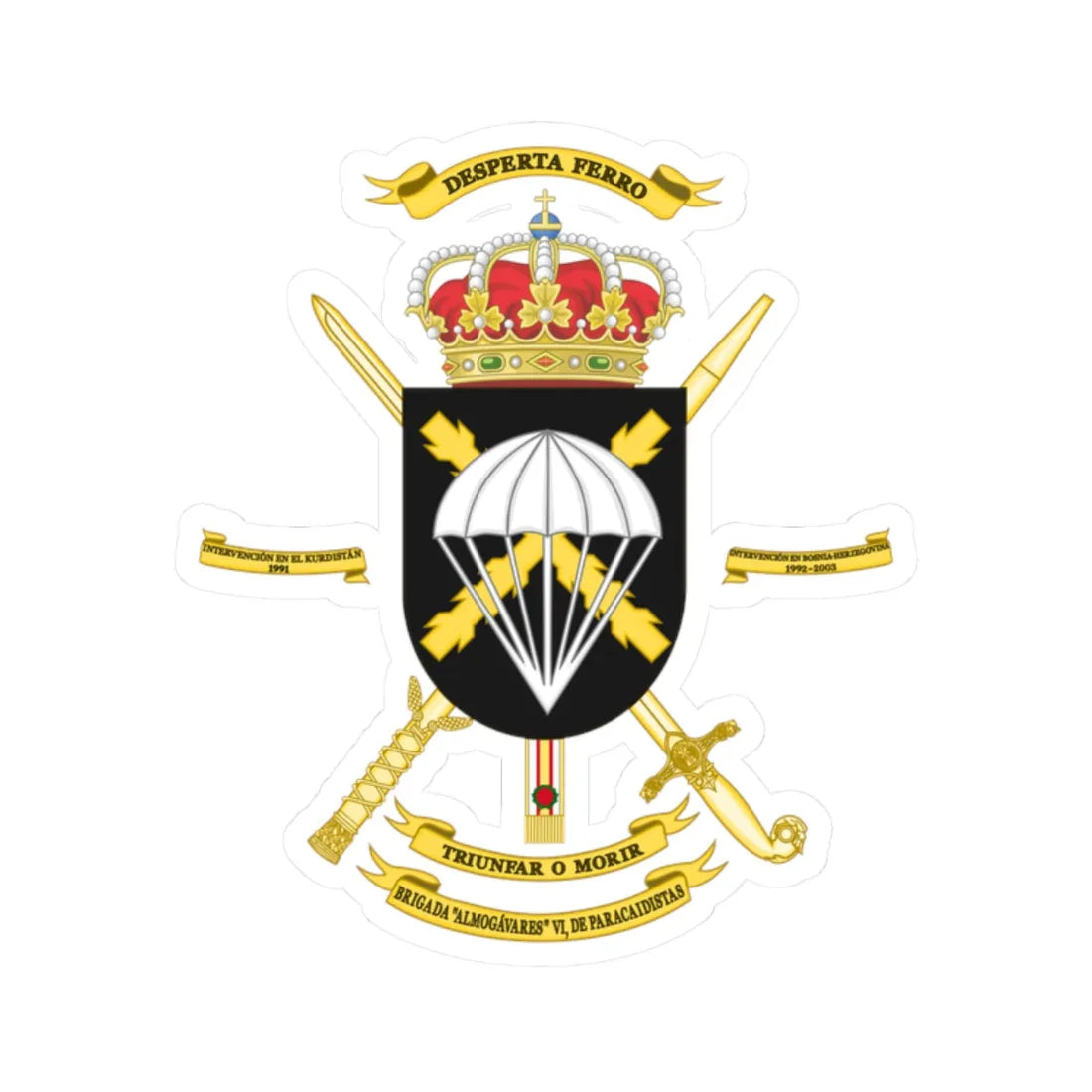Coat of Arms of the 6th Airborne Brigade Almogávares Polyvalent Brigade (Spain) (Coat of Arms) STICKER Vinyl Kiss-Cut Decal 2 Inch White - The Sticker Space