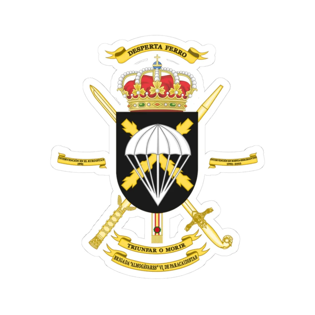 Coat of Arms of the 6th Airborne Brigade Almogávares Polyvalent Brigade (Spain) (Coat of Arms) STICKER Vinyl Kiss-Cut Decal 3 Inch White - The Sticker Space