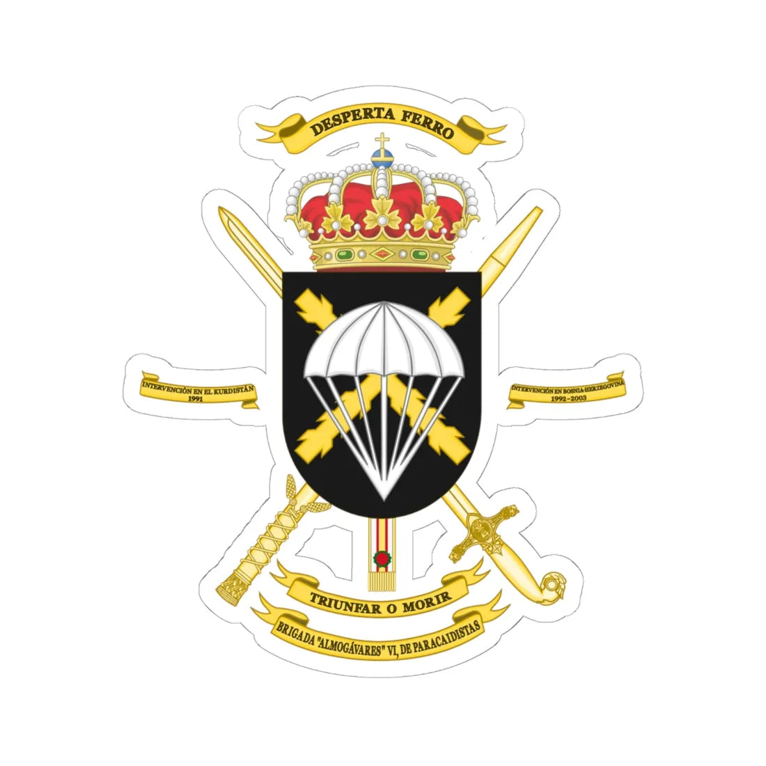 Coat of Arms of the 6th Airborne Brigade Almogávares Polyvalent Brigade (Spain) (Coat of Arms) STICKER Vinyl Kiss-Cut Decal 6 Inch White - The Sticker Space