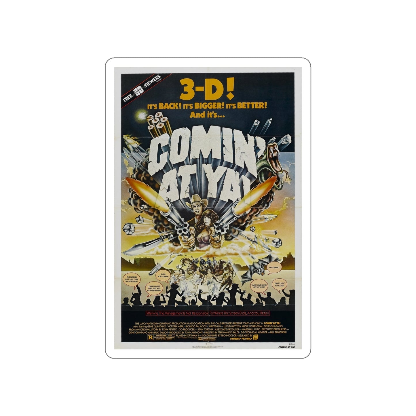 COMIN' AT YA! 1981 Movie Poster STICKER Vinyl Die-Cut Decal-6 Inch-The Sticker Space